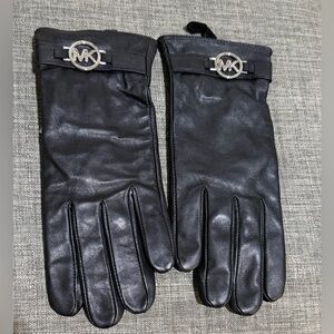 Michael Kors Black Leather Gloves with Silver Logo